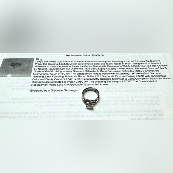 18K White Gold Simon G Soldered .90ct Princess Diamond Wedding Set - Picture 4 of 11